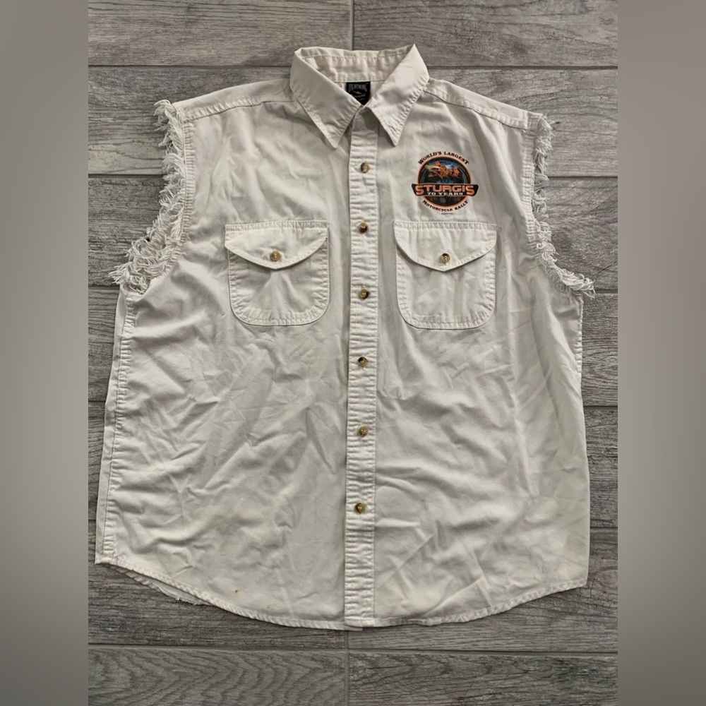 Sturgis Motorcycle 70 Years 2010 Cotton Cut Off Vest Button Shirt Mens L White